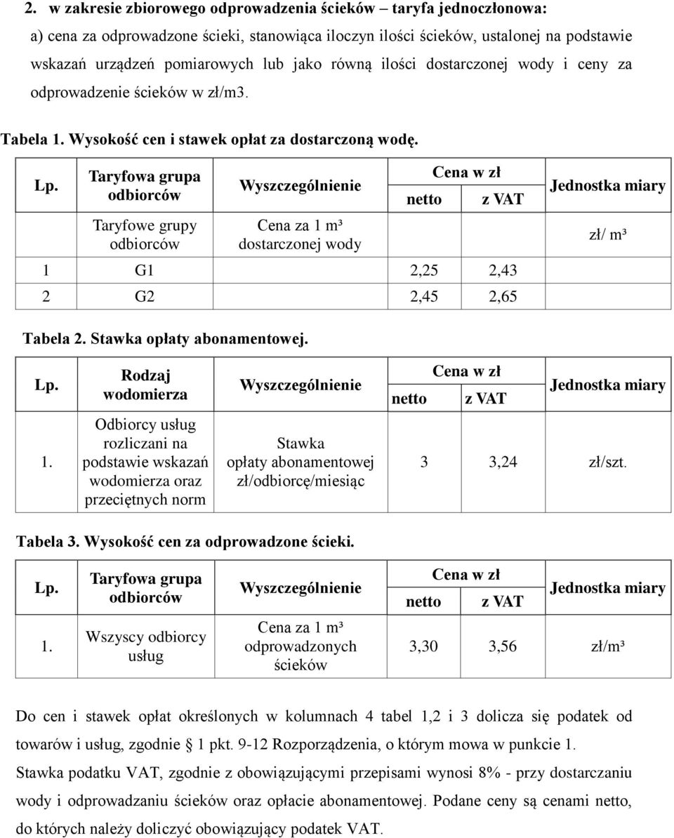 Taryfowa grupa odbiorców Taryfowe grupy odbiorców Cena za 1 m³ dostarczonej wody netto Cena w zł z VAT 1 G1 2,25 2,43 2 G2 2,45 2,65 Jednostka miary zł/ m³ Tabela 2. Stawka opłaty abonamentowej. Lp.
