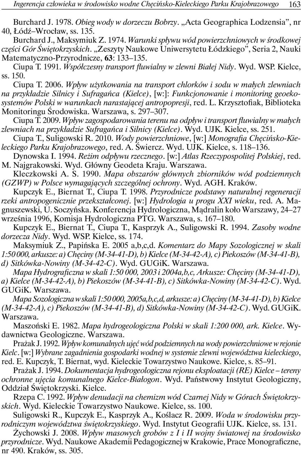 Zeszyty Naukowe Uniwersytetu Łódzkiego, Seria 2, Nauki Matematyczno-Przyrodnicze, 63: 133 135. Ciupa T. 1991. Współczesny transport fluwialny w zlewni Białej Nidy. Wyd. WSP. Kielce, ss. 150. Ciupa T. 2006.