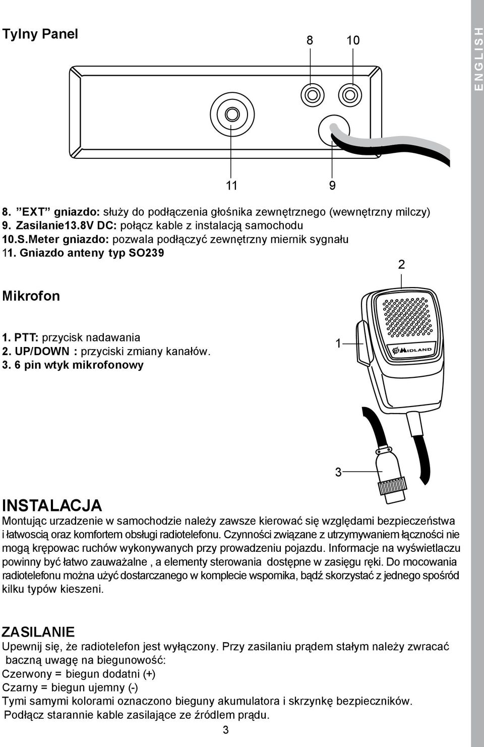 . 6 pin wtyk mikrofonowy 1 INSTALACJA Montując urzadzenie w samochodzie należy zawsze kierować się względami bezpieczeństwa i łatwoscią oraz komfortem obsługi radiotelefonu.