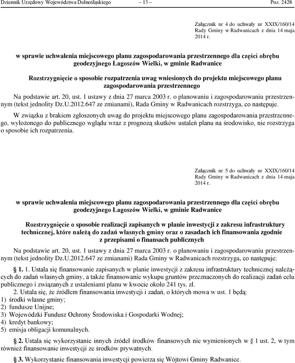 projektu miejscowego planu zagospodarowania przestrzennego Na podstawie art. 20, ust. 1 ustawy z dnia 27 marca 2003 r. o planowaniu i zagospodarowaniu przestrzennym (tekst jednolity Dz.U.2012.
