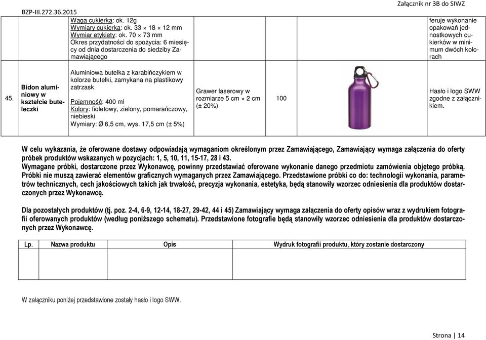 Bidon aluminiowy w kształcie buteleczki Aluminiowa butelka z karabińczykiem w kolorze butelki, zamykana na plastikowy zatrzask Pojemność: 400 ml Kolory: fioletowy, zielony, pomarańczowy, niebieski