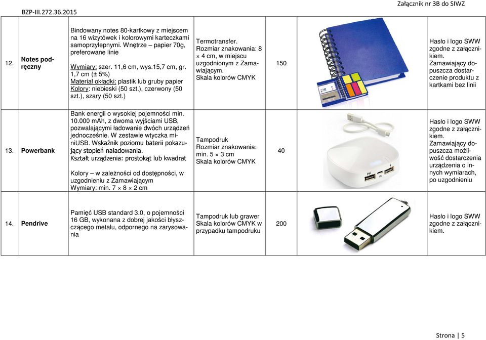 1 Zamawiający dopuszcza dostarczenie produktu z kartkami bez linii 13. Powerbank Bank energii o wysokiej pojemności min. 10.