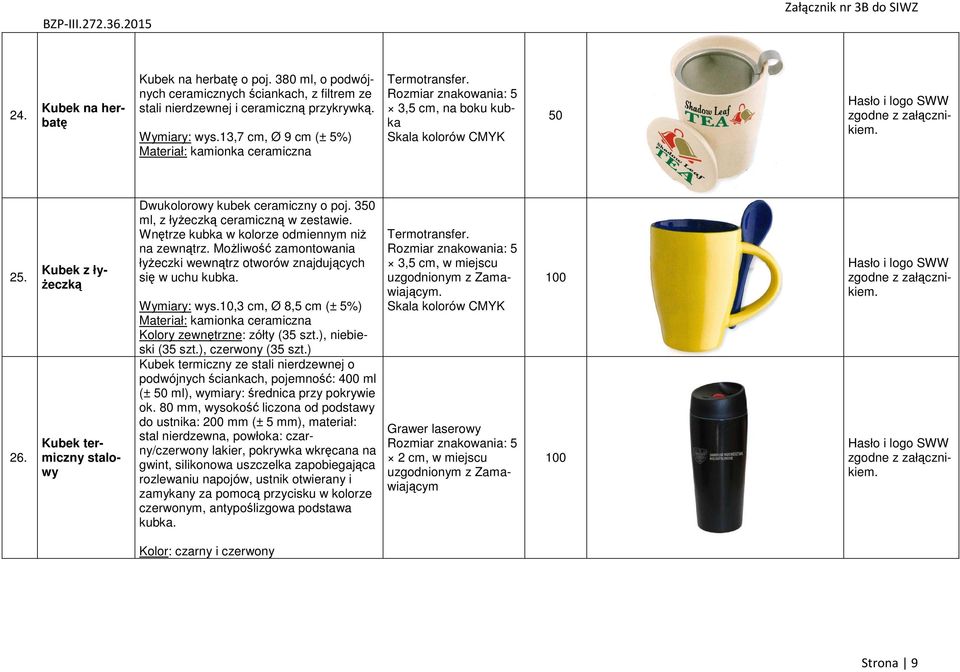 3 ml, z łyżeczką ceramiczną w zestawie. Wnętrze kubka w kolorze odmiennym niż na zewnątrz. Możliwość zamontowania łyżeczki wewnątrz otworów znajdujących się w uchu kubka. Wymiary: wys.