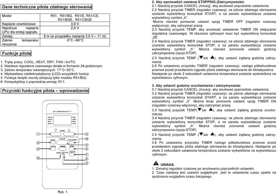 Zakres temperatur wewnętrznych: 7 C~30 C. 4. Wyświetlacz ciekłokrystaliczny (LCD) wszystkich funkcji. 5. Funkcja lampki nocnej (dotyczy tylko modelu R5/BG). 6. Kompatybilny z poprzednią wersją: R.