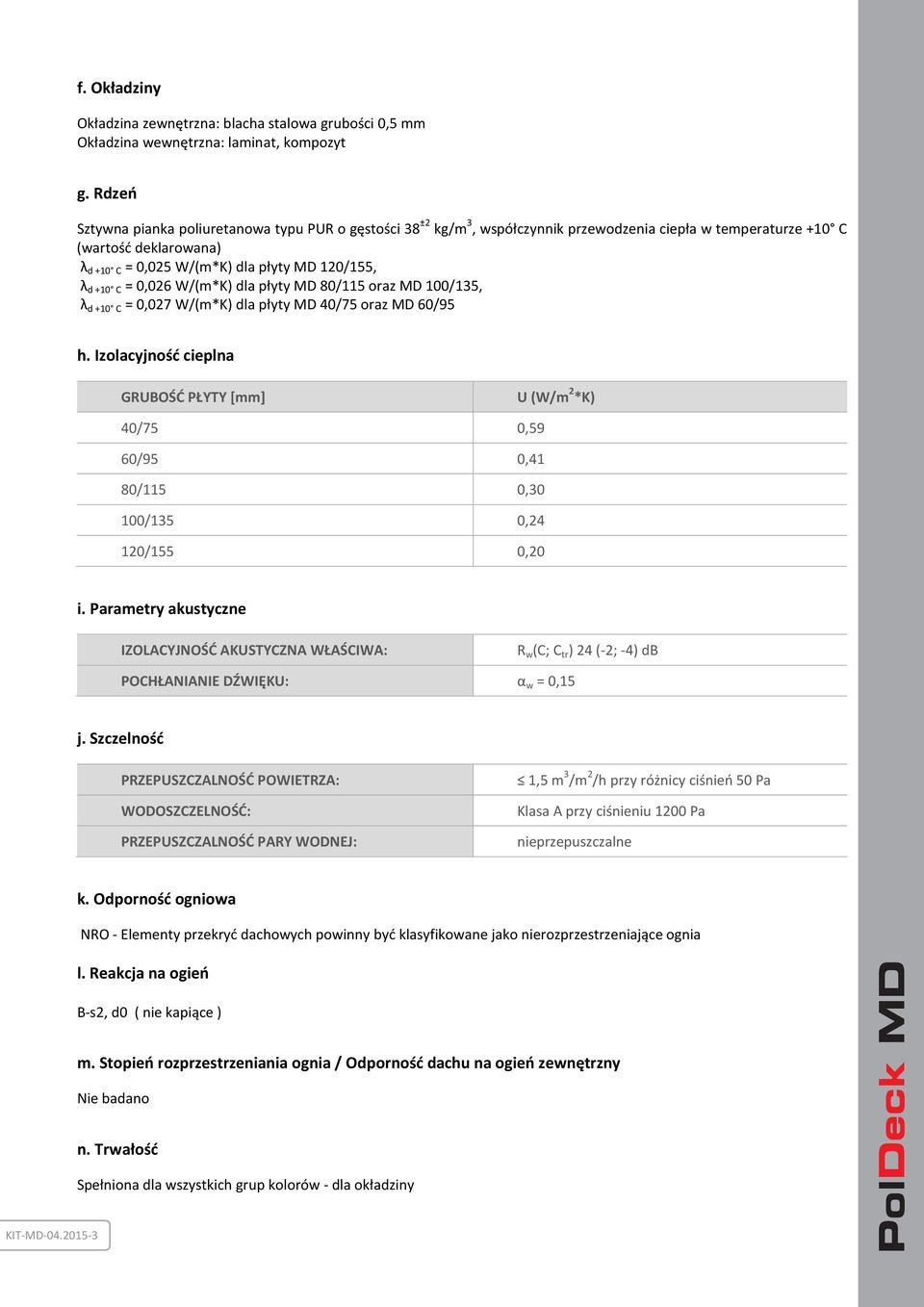 +10 C = 0,026 W/(m*K) dla płyty MD 80/115 oraz MD 100/135, λ d +10 C = 0,027 W/(m*K) dla płyty MD 40/75 oraz MD 60/95 h.