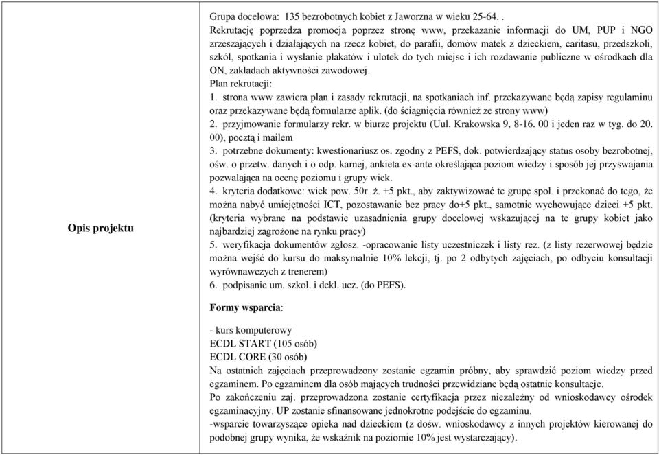 szkół, spotkania i wysłanie plakatów i ulotek do tych miejsc i ich rozdawanie publiczne w ośrodkach dla ON, zakładach aktywności zawodowej. Plan rekrutacji: 1.