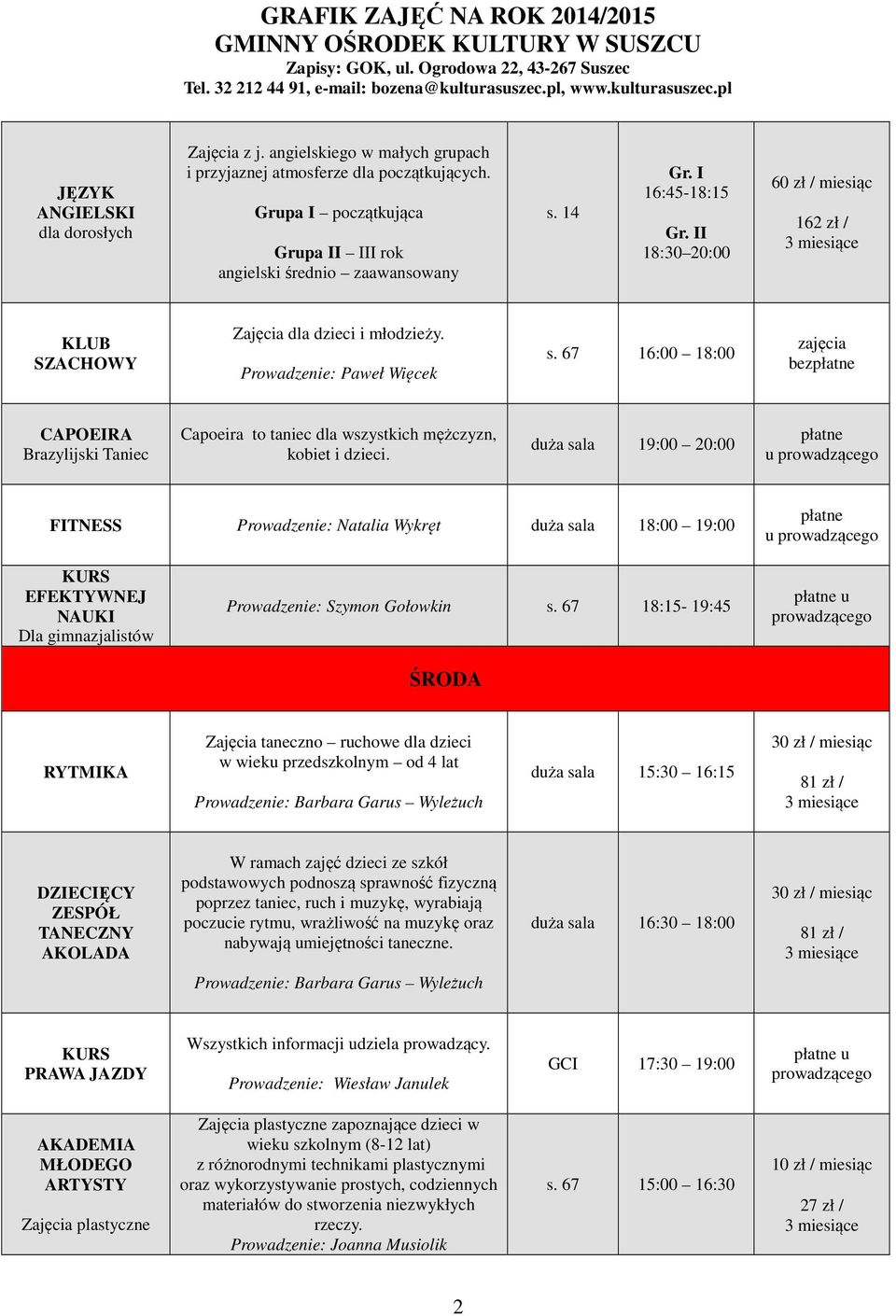 67 16:00 18:00 bez CAPOEIRA Brazylijski Taniec Capoeira to taniec dla wszystkich mężczyzn, kobiet i dzieci.