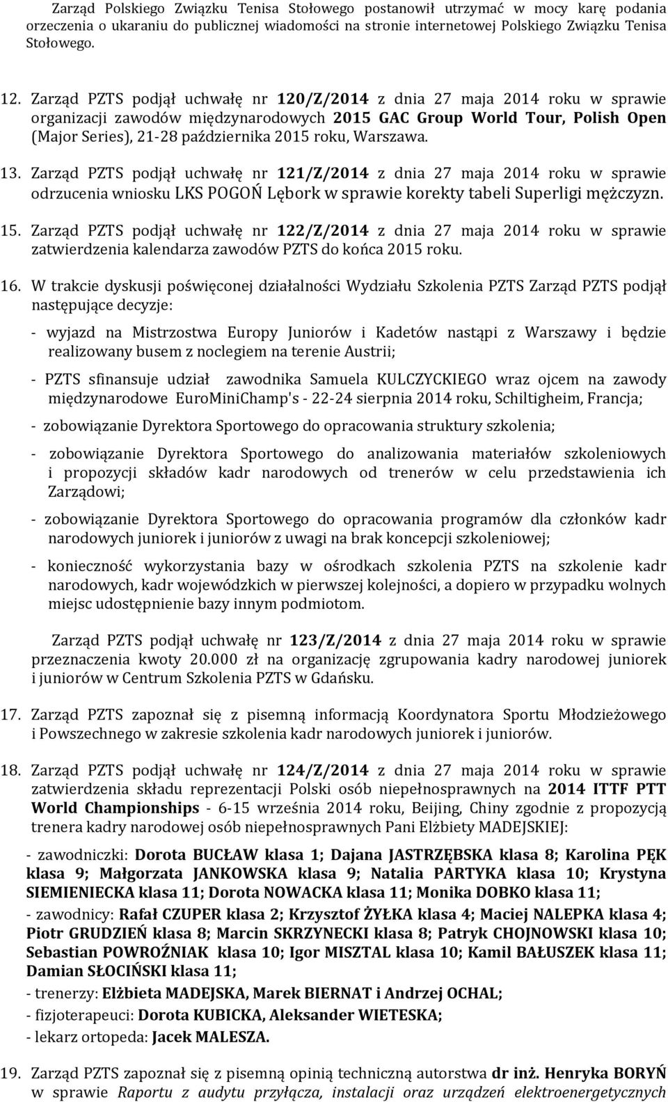Warszawa. 13. Zarząd PZTS podjął uchwałę nr 121/Z/2014 z dnia 27 maja 2014 roku w sprawie odrzucenia wniosku LKS POGOŃ Lębork w sprawie korekty tabeli Superligi mężczyzn. 15.