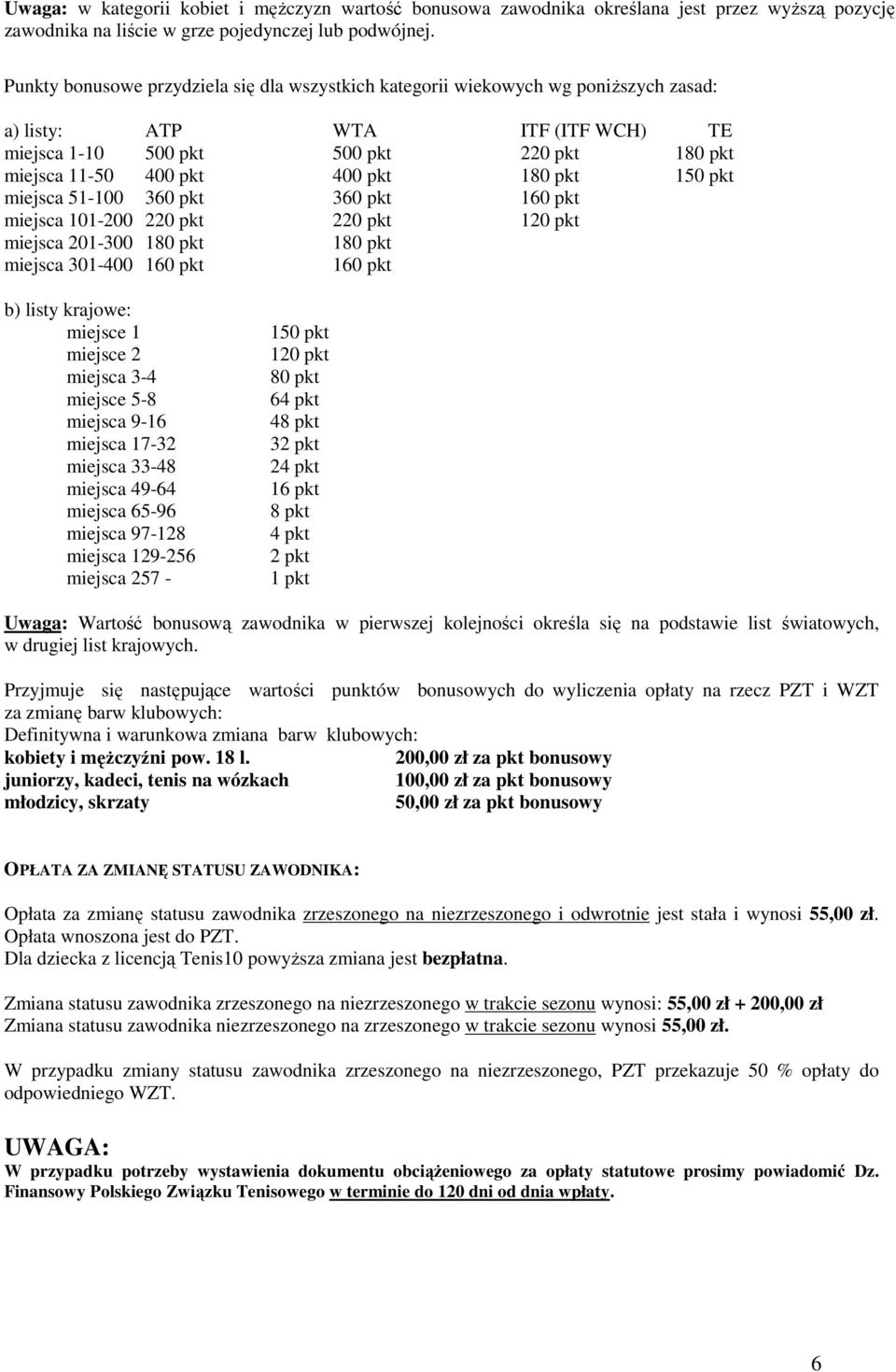 180 pkt 150 pkt miejsca 51-100 360 pkt 360 pkt 160 pkt miejsca 101-200 220 pkt 220 pkt 120 pkt miejsca 201-300 180 pkt 180 pkt miejsca 301-400 160 pkt 160 pkt b) listy krajowe: miejsce 1 miejsce 2