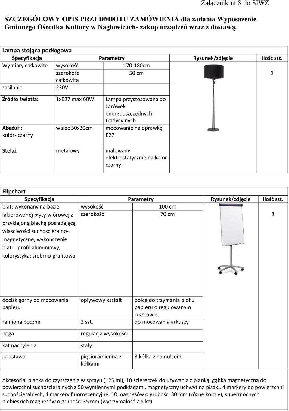 Lampa przystosowana do żarówek energooszczędnych i tradycyjnych Abażur : kolor- czarny walec 50x30cm mocowanie na oprawkę E2 Stelaż metalowy malowany elektrostatycznie na kolor czarny Flipchart