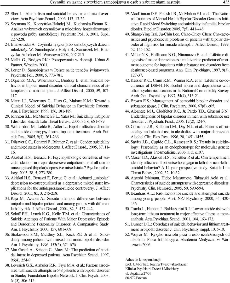 : Czynniki ryzyka prób samobójczych dzieci i młodzieży. W: Samobójstwo. Hołyst B., Staniaszek M., Binczycka-Anholcer M., Warszawa 2002, 207-215. 25. Malhi G., Bridges P.K.: Postępowanie w depresji.