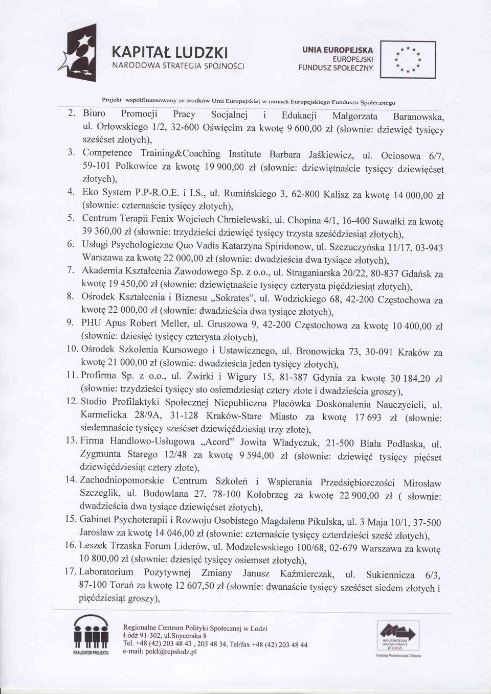 Competence Training&Coaching Institute Barbara JaSkiewicz, ul. Ociosowa 617, 59-101 Polkowice za kwotq 19900,00 zl (slownie: dziewigtnascie tysigcy dziewigiset zlotych), 4. Eko System P.P-R.O.E. i I.