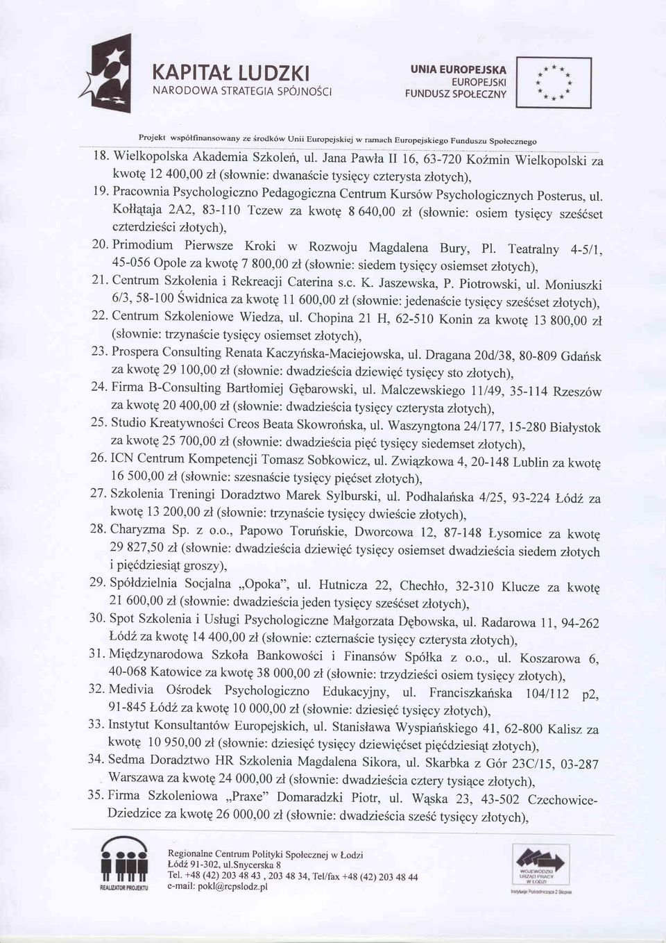 Pracownia Psychologiczno Pedagogiczna Centrum Kurs6w Psychologi cznychposterus, ul. Kott4taja 2A2, 83-110 Tczew za kwotg 8 640,00 zl (slownie: osiem tysigcy szes6set cderdziefici zlotych), 20.