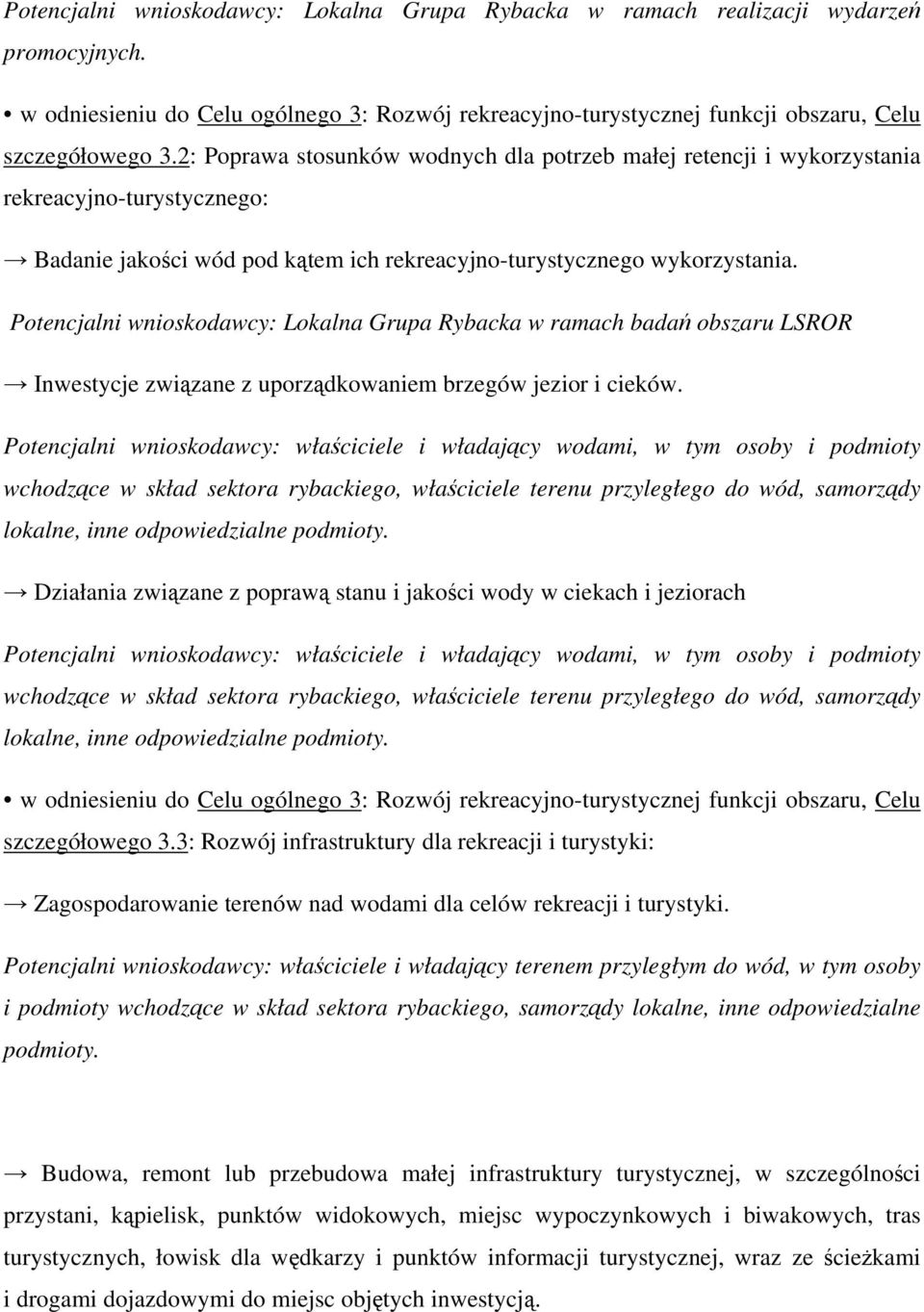 Potencjalni wnioskodawcy: Lokalna Grupa Rybacka w ramach badań obszaru LSROR Inwestycje związane z uporządkowaniem brzegów jezior i cieków.