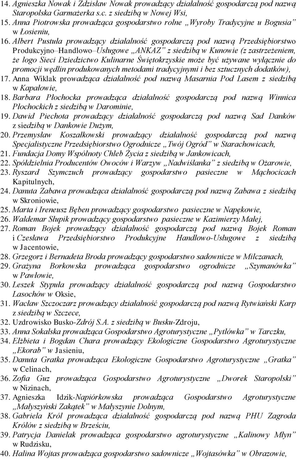 Albert Pustuła prowadzący działalność gospodarczą pod nazwą Przedsiębiorstwo Produkcyjno Handlowo Usługowe ANKAZ z siedzibą w Kunowie (z zastrzeżeniem, że logo Sieci Dziedzictwo Kulinarne