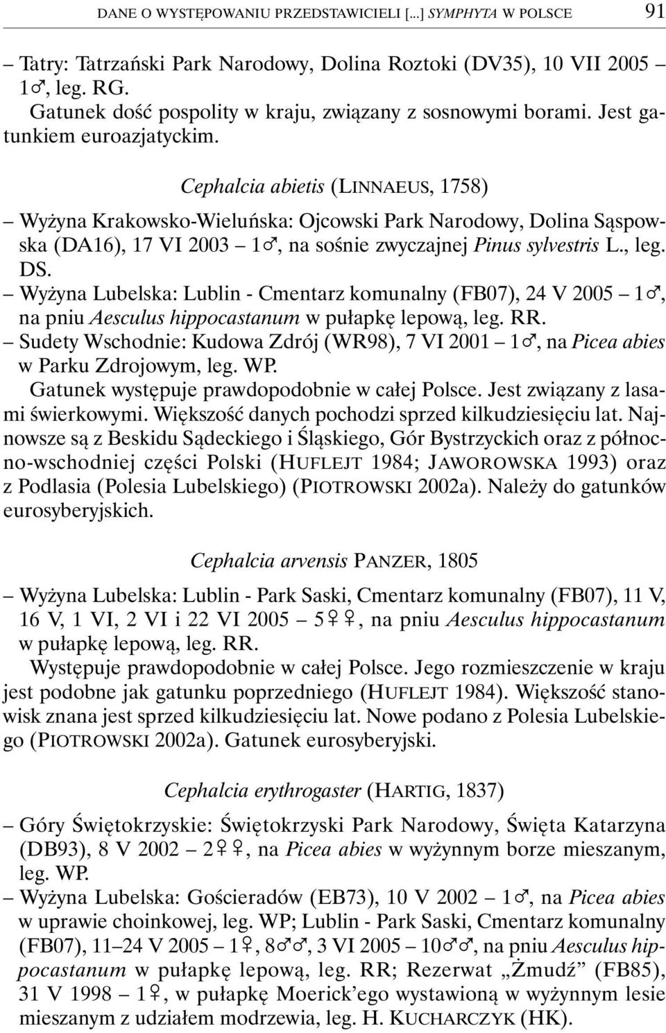 Cephalcia abietis (LINNAEUS, 1758) Wyżyna Krakowsko-Wieluńska: Ojcowski Park Narodowy, Dolina Sąspowska (DA16), 17 VI 2003 1%, na sośnie zwyczajnej Pinus sylvestris L., leg. DS.