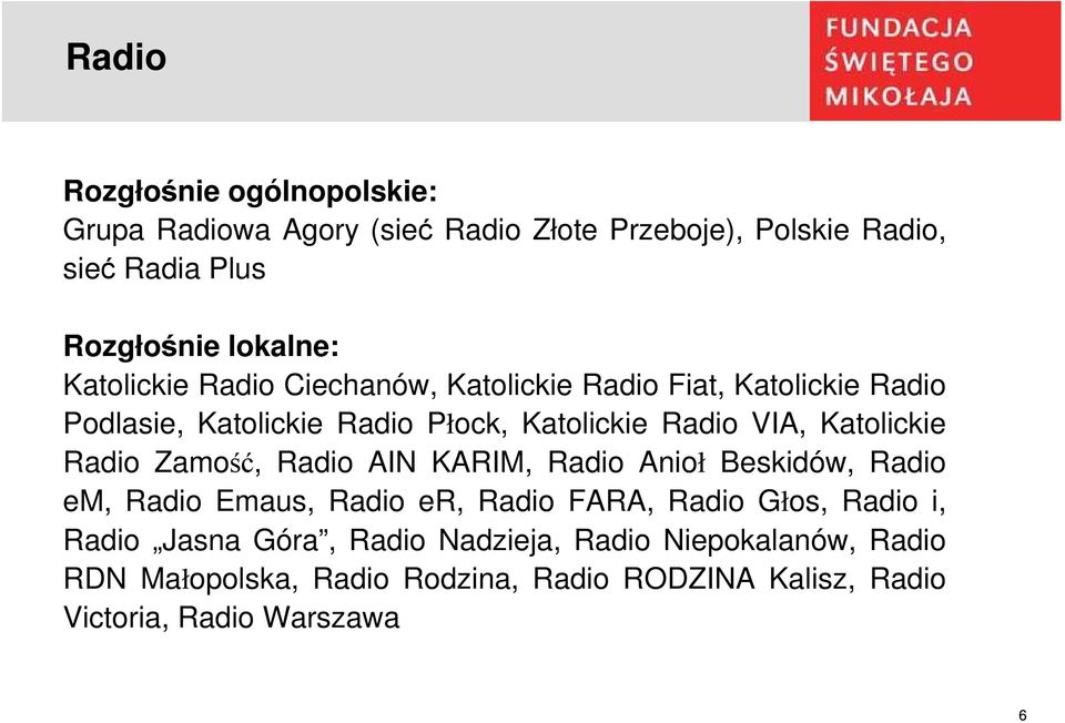 Katolickie Radio Zamość, Radio AIN KARIM, Radio Anioł Beskidów, Radio em, Radio Emaus, Radio er, Radio FARA, Radio Głos, Radio i,