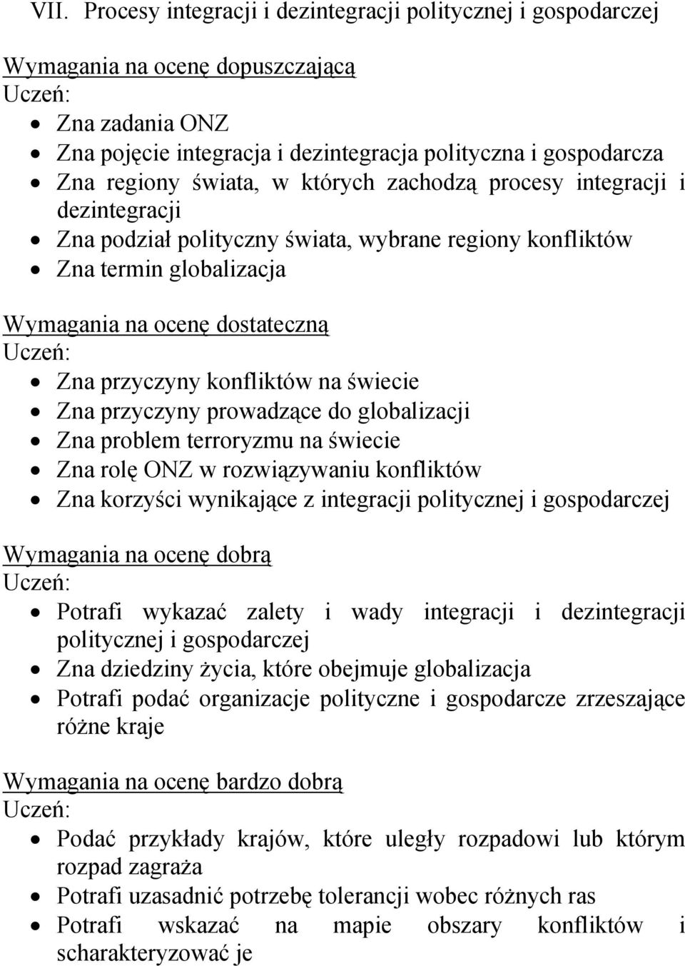 świecie Zna przyczyny prowadzące do globalizacji Zna problem terroryzmu na świecie Zna rolę ONZ w rozwiązywaniu konfliktów Zna korzyści wynikające z integracji politycznej i gospodarczej Wymagania na