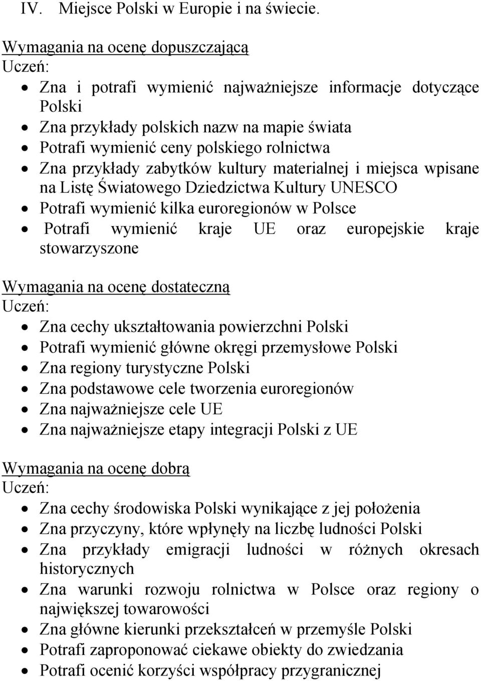 zabytków kultury materialnej i miejsca wpisane na Listę Światowego Dziedzictwa Kultury UNESCO Potrafi wymienić kilka euroregionów w Polsce Potrafi wymienić kraje UE oraz europejskie kraje