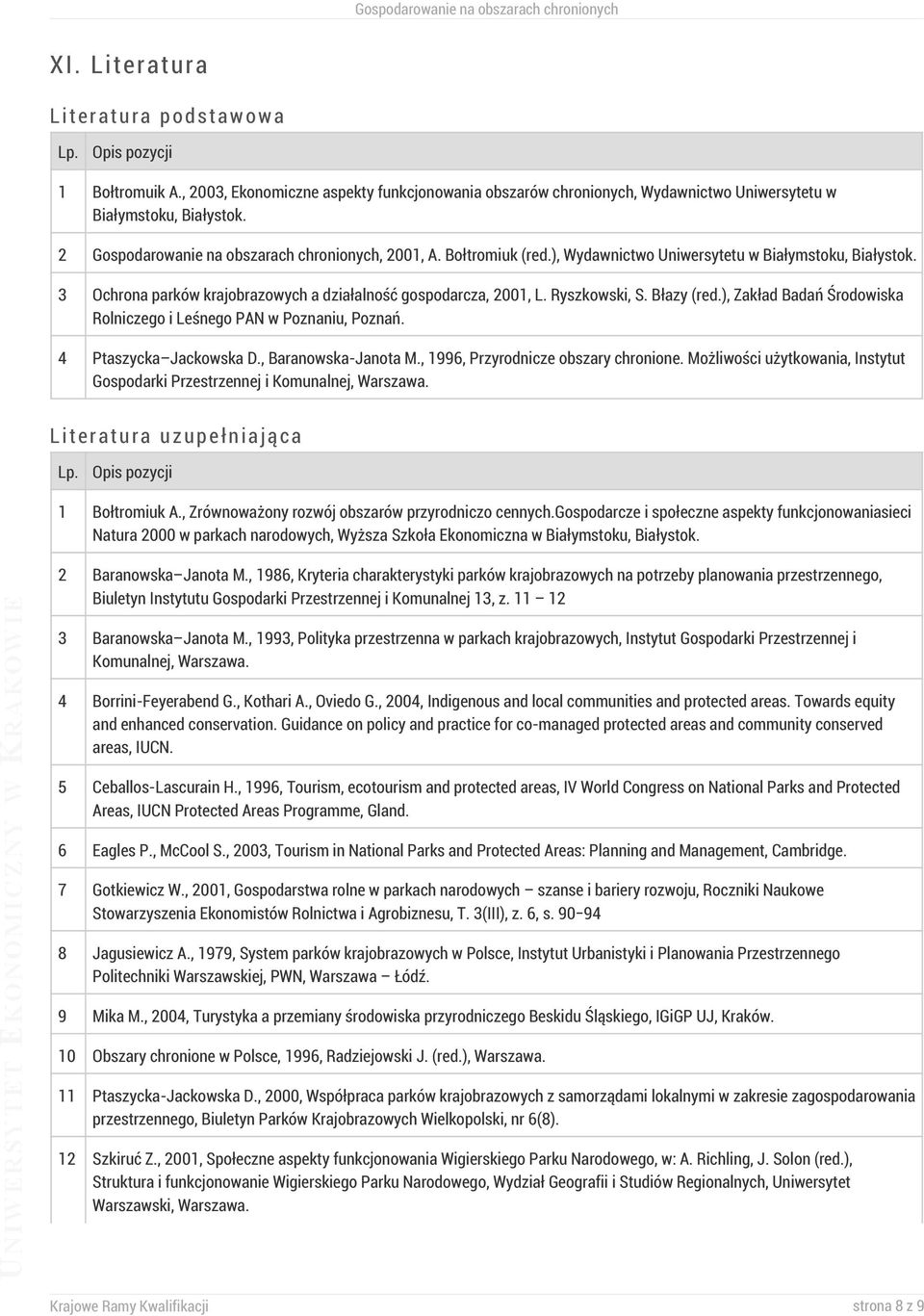 Ryszkowski, S. Błazy (red.), Zakład Badań Środowiska Rolniczego i Leśnego PAN w Poznaniu, Poznań. 4 Ptaszycka Jackowska D., Baranowska-Janota M., 1996, Przyrodnicze obszary chronione.