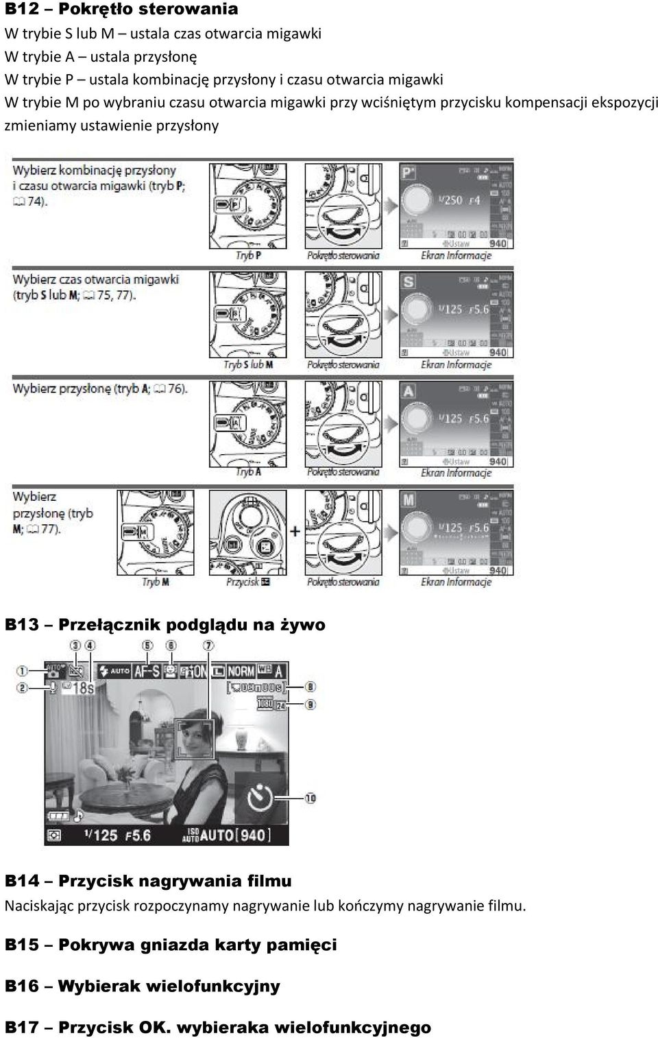 zmieniamy ustawienie przysłony B13 Przełącznik podglądu na żywo B14 Przycisk nagrywania filmu Naciskając przycisk rozpoczynamy