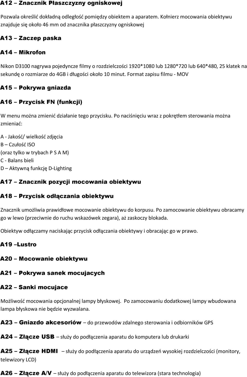 lub 640*480, 25 klatek na sekundę o rozmiarze do 4GB i długości około 10 minut. Format zapisu filmu - MOV A15 Pokrywa gniazda A16 Przycisk FN (funkcji) W menu można zmienić działanie tego przycisku.