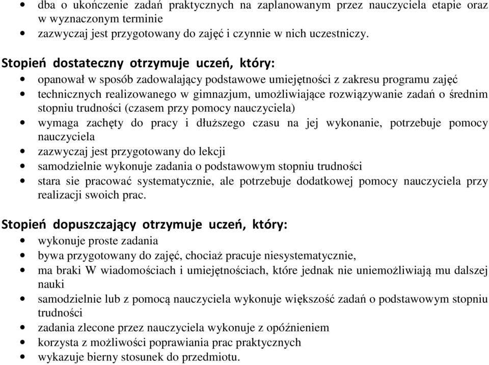 średnim stopniu trudności (czasem przy pomocy nauczyciela) wymaga zachęty do pracy i dłuższego czasu na jej wykonanie, potrzebuje pomocy nauczyciela zazwyczaj jest przygotowany do lekcji samodzielnie