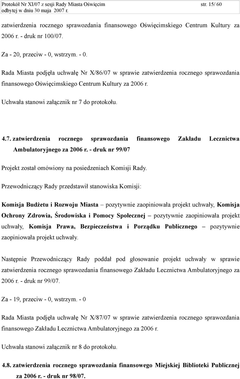 - druk nr 99/07 Projekt został omówiony na posiedzeniach Komisji Rady.
