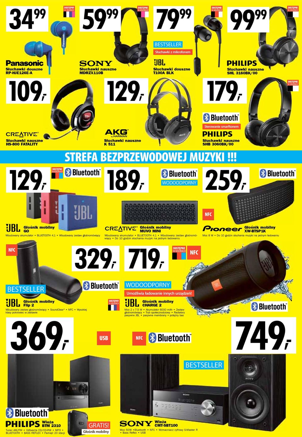 !! 189, WODOODPORNY 259, NFC Głośnik mobilny GO Wbudowany akumulator BLUETOOTH 4,1 Wbudowany zestaw głośnomówiący Głośnik mobilny MUVO MINI Wbudowany akumulator BLUETOOTH 4,1 Wbudowany zestaw