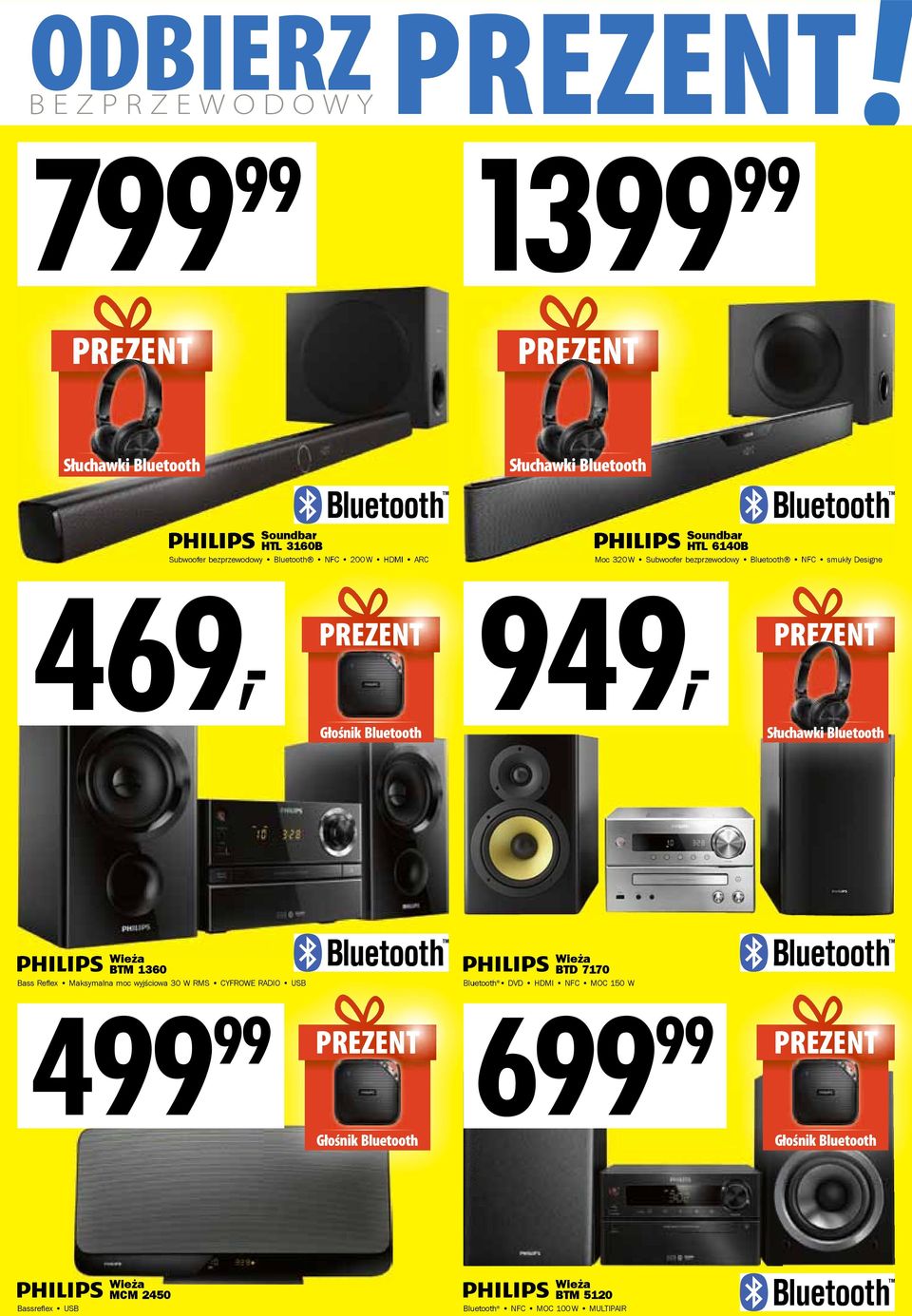 smukły Designe PREZENT Słuchawki Bluetooth Wieża BTM 1360 Bass Reflex Maksymalna moc wyjściowa 30 W RMS CYFROWE RADIO Wieża BTD 7170