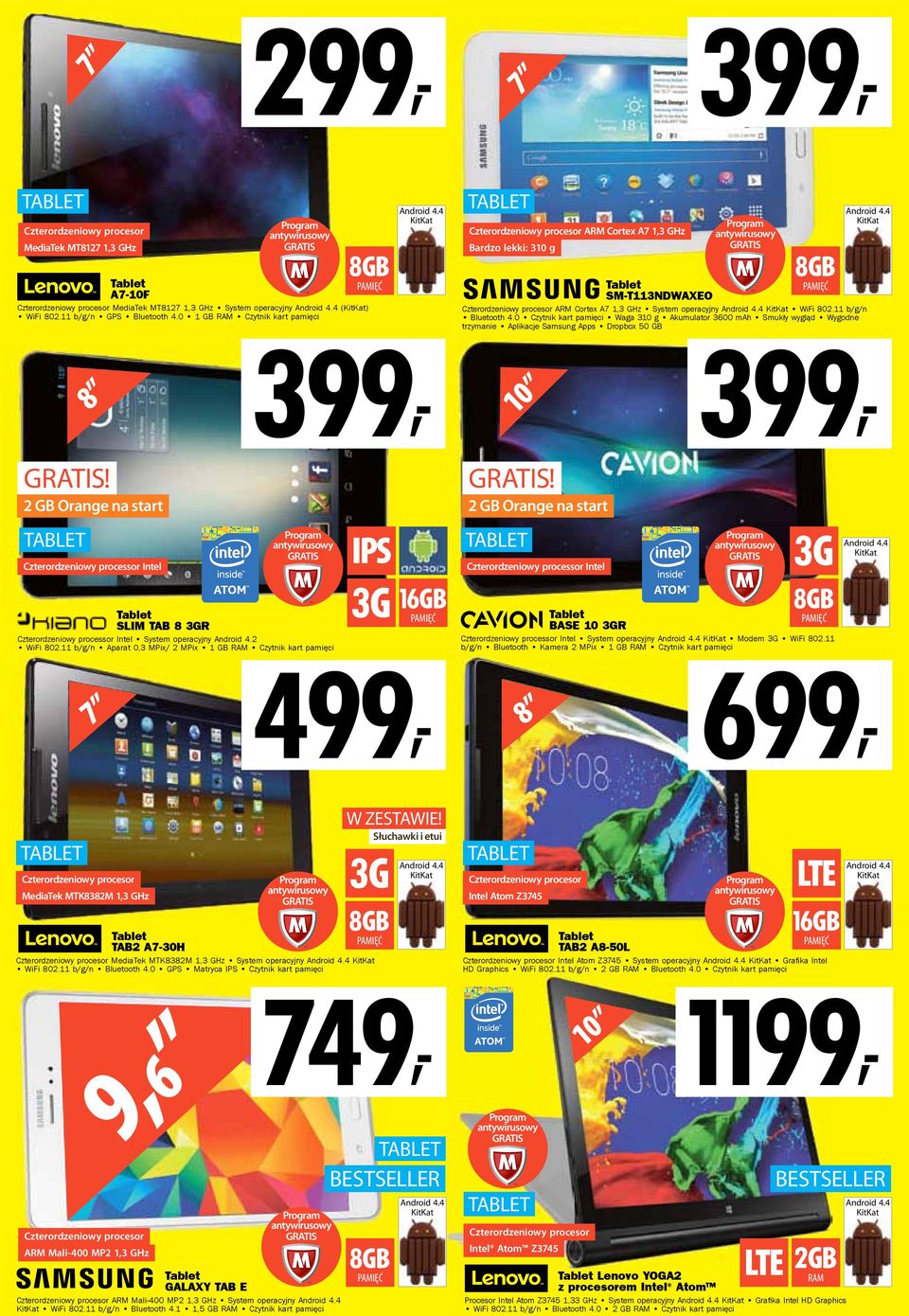 4 KitKat 399, TABLET Czterordzeniowy procesor ARM Cortex A7 1,3 GHz Bardzo lekki: 310 g Tablet SM-T113NDWAXEO 8GB PAMIĘĆ Czterordzeniowy procesor ARM Cortex A7 1,3 GHz System operacyjny Android 4.