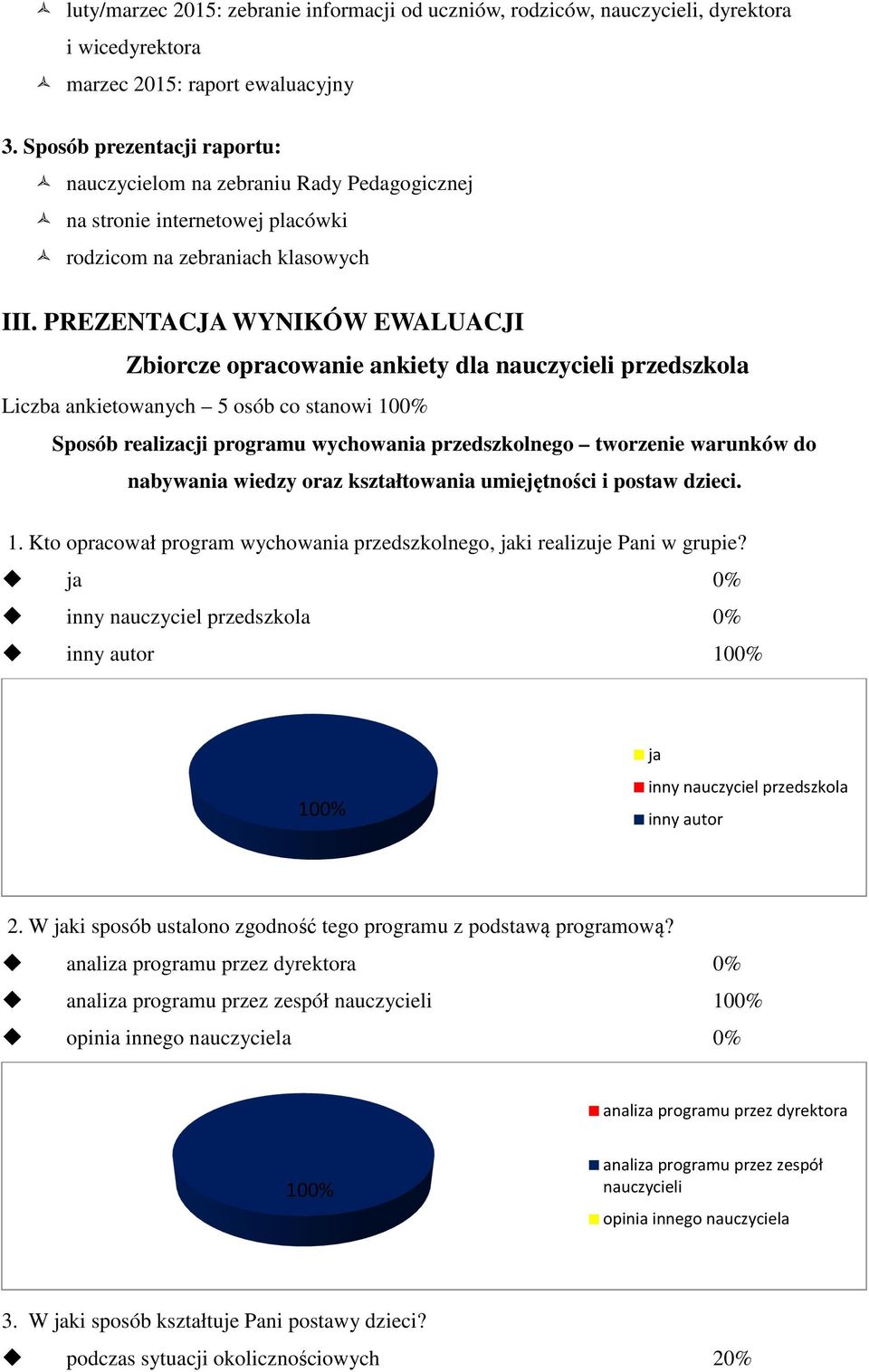 PREZENTACJA WYNIKÓW EWALUACJI Zbiorcze opracowa ankiety dla nauczycieli przedszkola Liczba ankietowanych 5 osób co stanowi Sposób realizacji programu wychowania przedszkolnego tworze warunków do