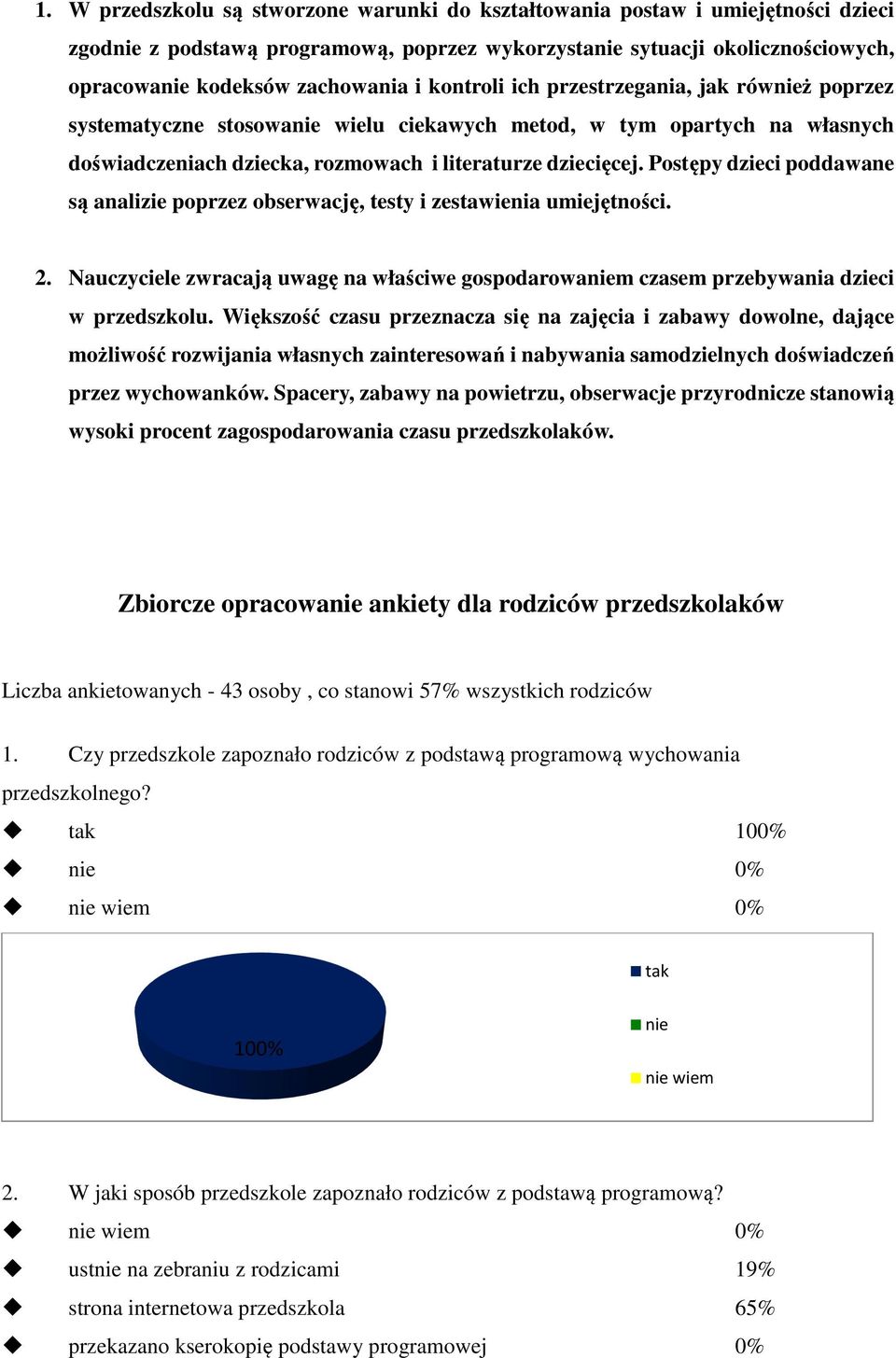 Postępy dzieci poddawane są analizie poprzez obserwację, testy i zestawienia umiejętności. 2. Nauczyciele zwracają uwagę na właściwe gospodarowam czasem przebywania dzieci w przedszkolu.