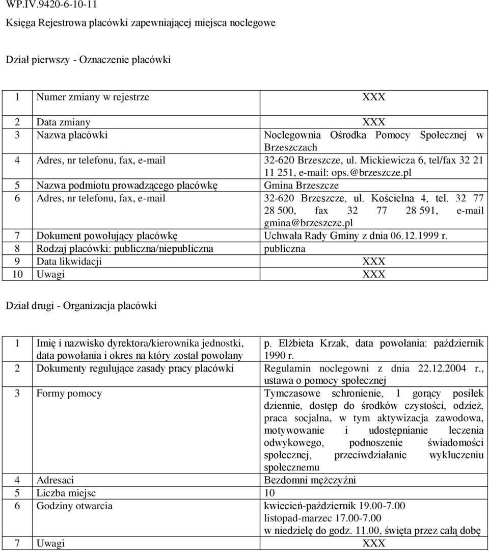 pl 7 Dokument powołujący placówkę Uchwała Rady Gminy z dnia 06.12.1999 r. 8 Rodzaj placówki: publiczna/niepubliczna publiczna p. Elżbieta Krzak, data powołania: październik 1990 r.