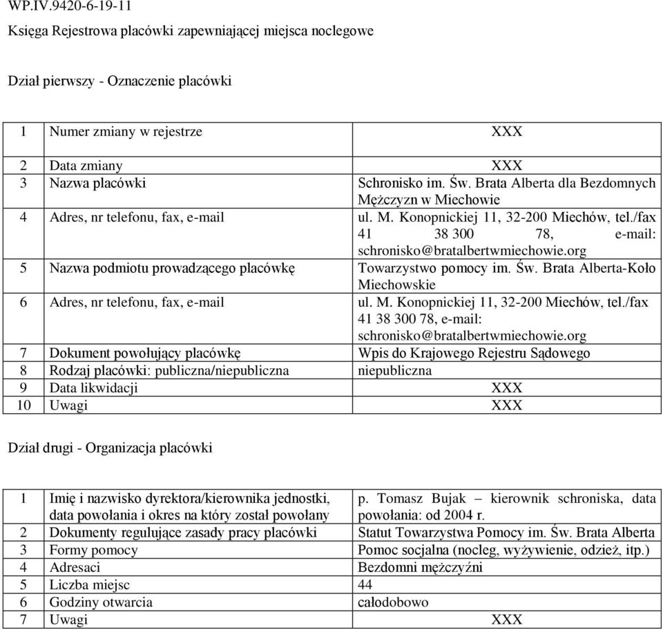 /fax 41 38 300 78, e-mail: schronisko@bratalbertwmiechowie.org 7 Dokument powołujący placówkę Wpis do Krajowego Rejestru Sądowego p. Tomasz Bujak kierownik schroniska, data powołania: od 2004 r.