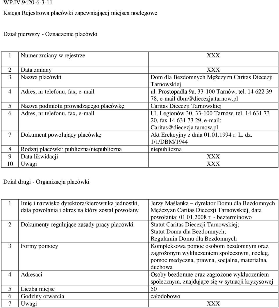 14 631 73 20, fax 14 631 73 29, e-mail: Caritas@diecezja.tarnow.pl 7 Dokument powołujący placówkę Akt Erekcyjny z dnia 01.01.1994 r. L. dz.