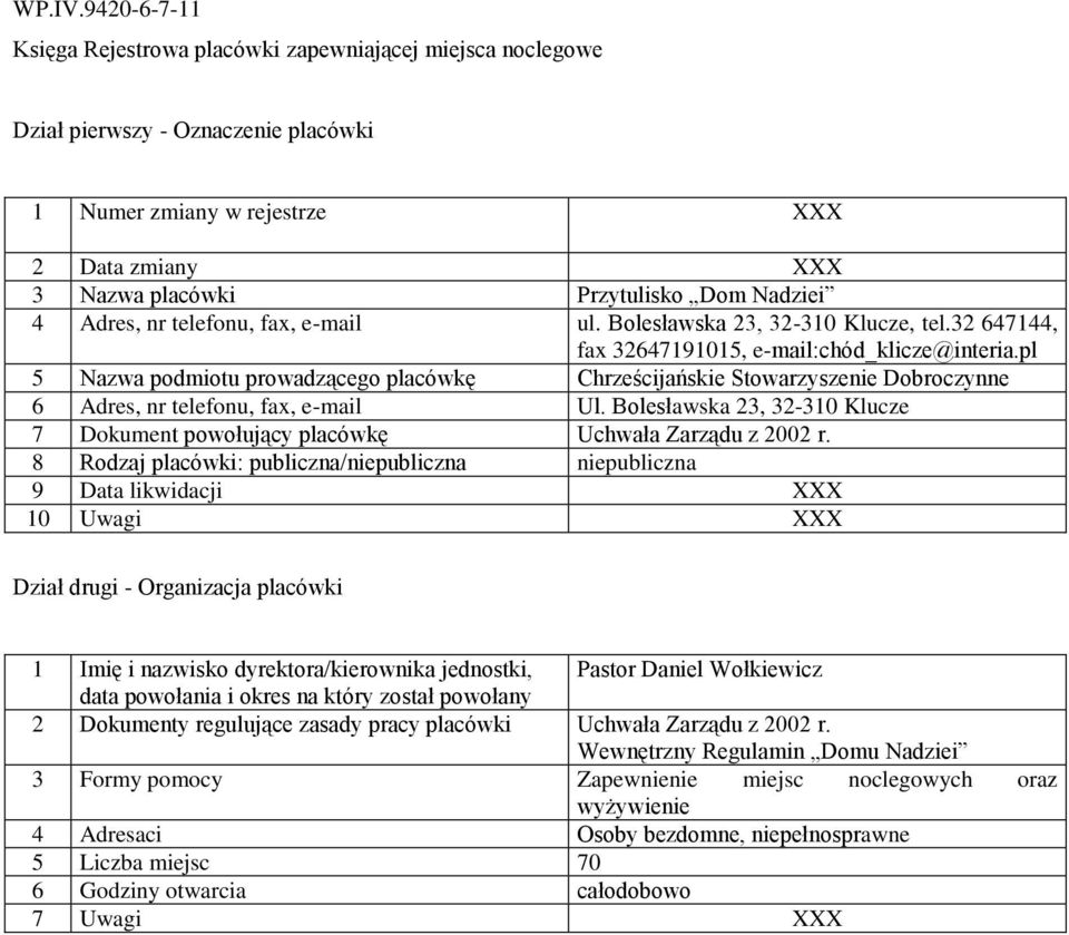 pl 5 Nazwa podmiotu prowadzącego placówkę Chrześcijańskie Stowarzyszenie Dobroczynne 6 Adres, nr telefonu, fax, e-mail Ul.