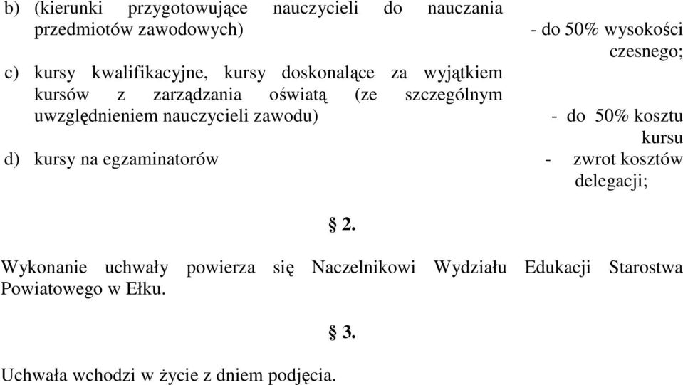 wysokości czesnego; - do 50% kosztu kursu d) kursy na egzaminatorów - zwrot kosztów delegacji; 2.