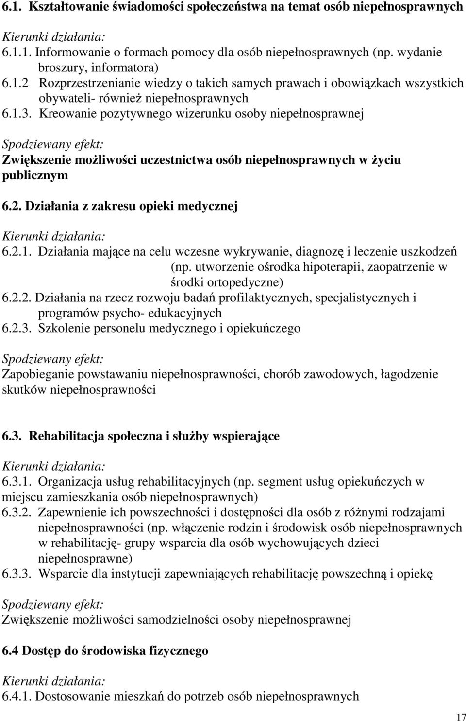 Działania z zakresu opieki medycznej Kierunki działania: 6.2.1. Działania maj ce na celu wczesne wykrywanie, diagnoz i leczenie uszkodze (np.