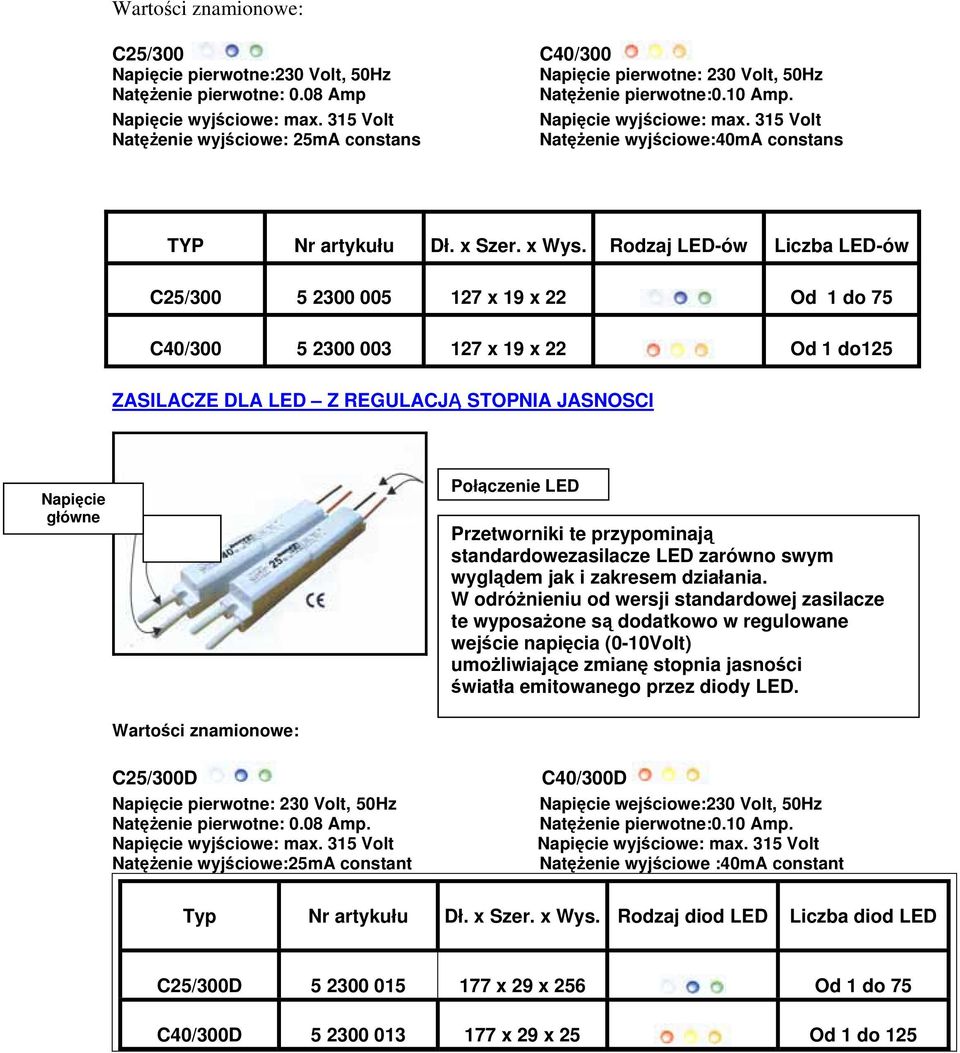 Rodzaj LED-ów Liczba LED-ów C25/300 5 2300 005 127 x 19 x 22 Od 1 do 75 C40/300 5 2300 003 127 x 19 x 22 Od 1 do125 ZASILACZE DLA LED Z REGULACJĄ STOPNIA JASNOSCI Napięcie główne Połączenie LED