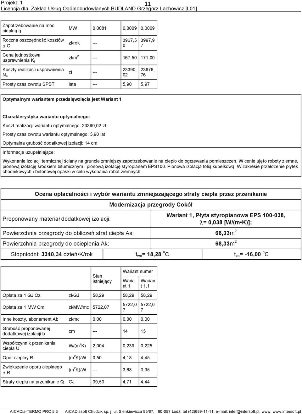 optymalnego: 23390,02 zł Prosty czas zwrotu wariantu optymalnego: 5,90 lat Optymalna grubość dodatkowej izolacji: 14 cm Informacje uzupełniające: Wykonanie izolacji termicznej ściany na gruncie