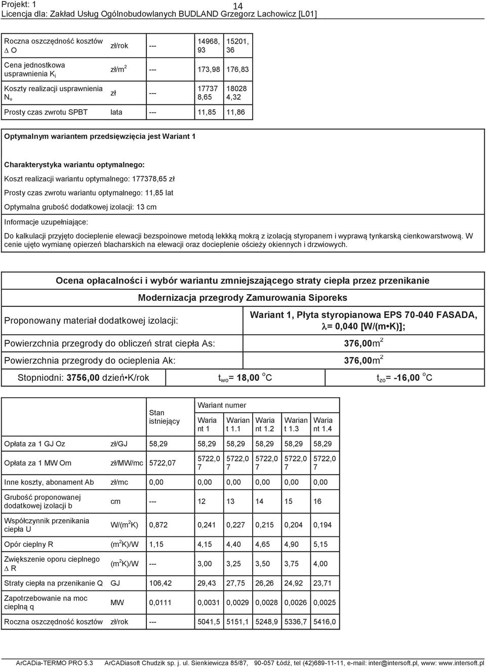 optymalnego: 11,85 lat Optymalna grubość dodatkowej izolacji: 13 cm Informacje uzupełniające: Do kalkulacji przyjęto docieplenie elewacji bezspoinowe metodą lekkką mokrą z izolacją styropanem i