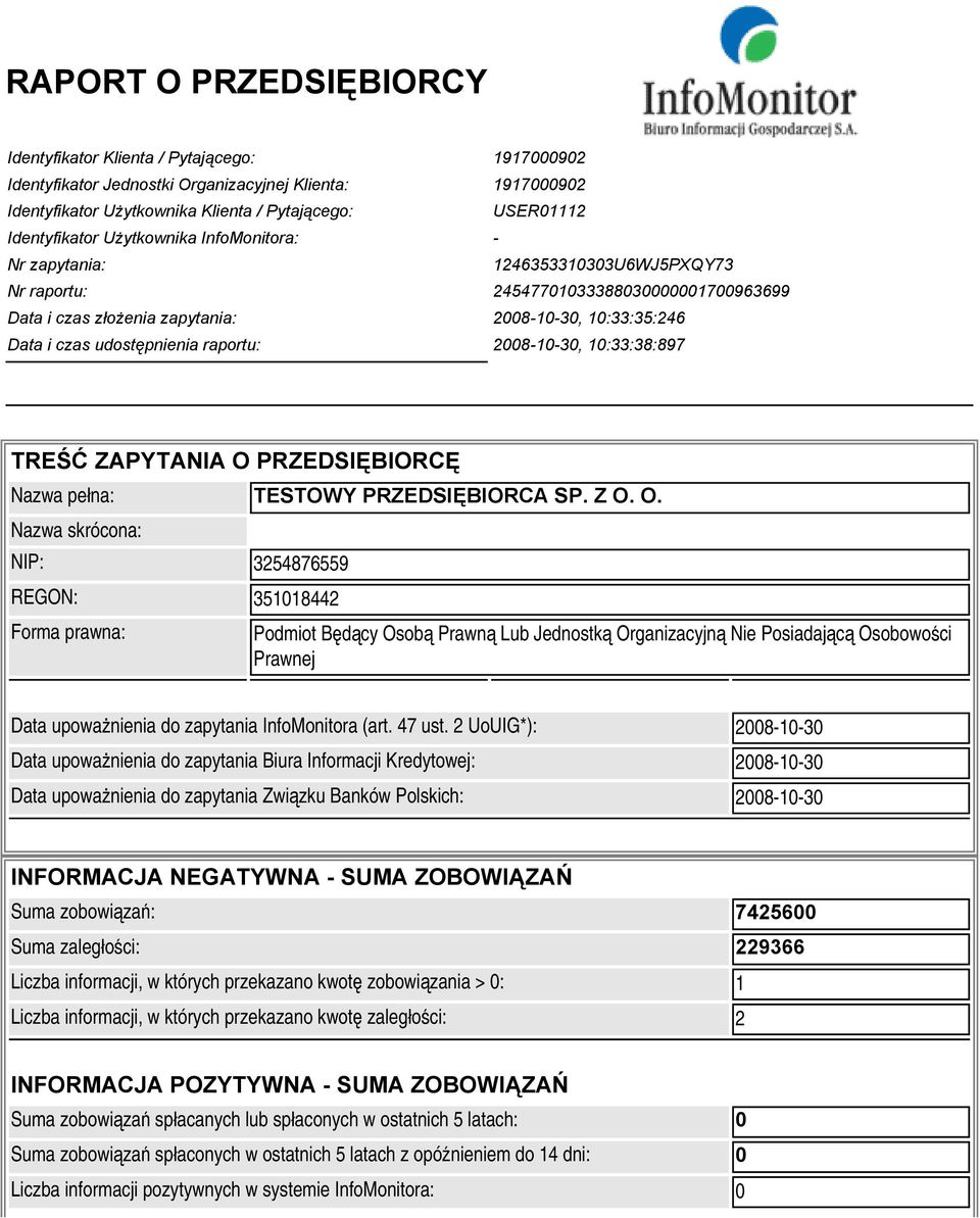 udostępnienia raportu: 2008-10-30, 10:33:38:897 TREŚĆ ZAPYTANIA O PRZEDSIĘBIORCĘ REGON: 351018442 Forma prawna: Data upoważnienia do zapytania InfoMonitora (art. 47 ust.