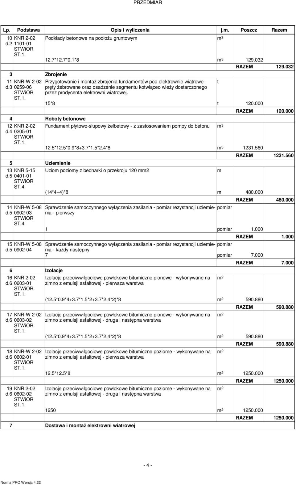 000 4 Roboty betonowe 12 KNR 2-02 d.4 0205-01 5 Uziemienie 13 KNR 5-15 d.5 0401-01 ST.4. 14 KNR-W 5-08 d.5 0902-03 ST.4. 15 KNR-W 5-08 d.5 0902-04 6 Izolacje 16 KNR 2-02 d.6 0603-01 17 KNR-W 2-02 d.