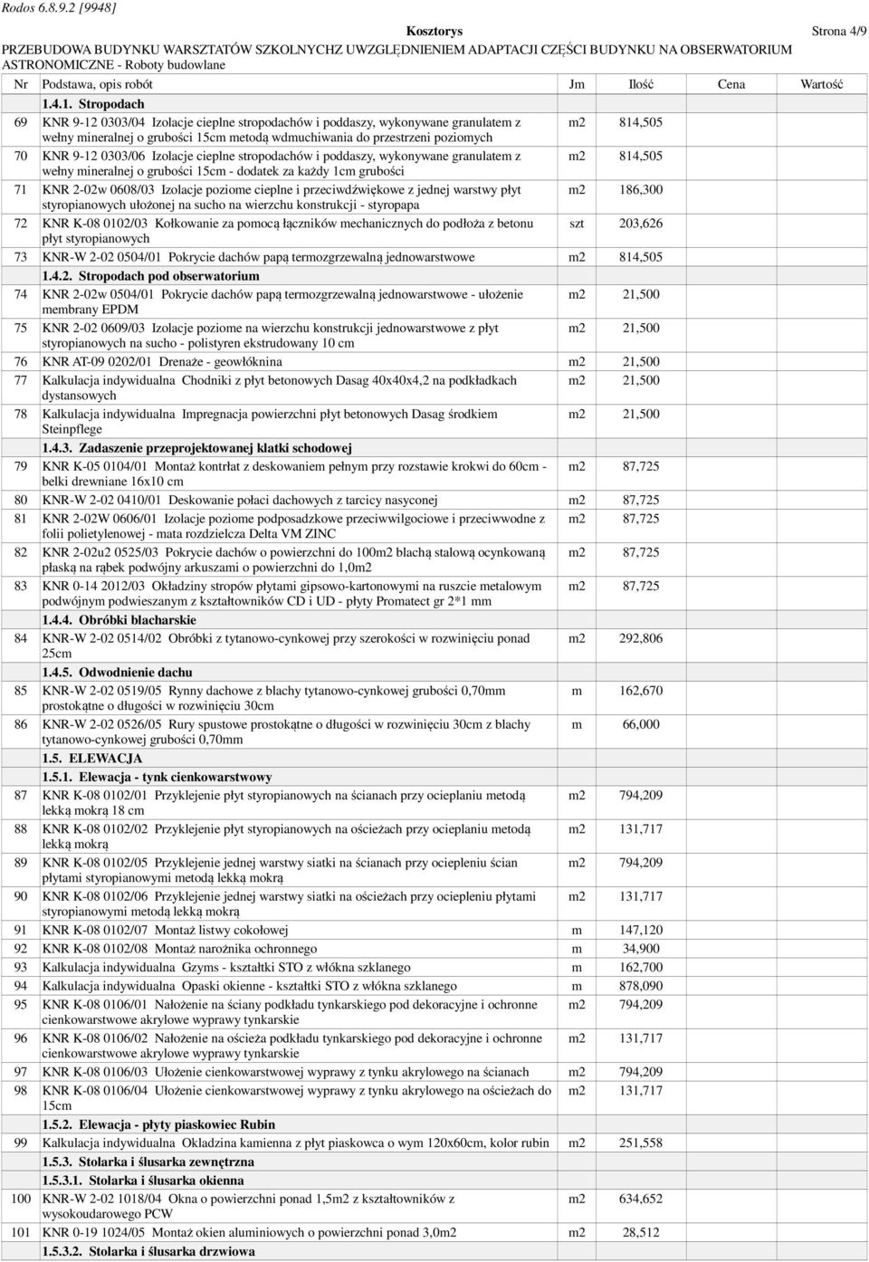 9-12 0303/06 Izolacje cieplne stropodachów i poddaszy, wykonywane granulatem z m2 814,505 wełny mineralnej o grubości 15cm - dodatek za każdy 1cm grubości 71 KNR 2-02w 0608/03 Izolacje poziome