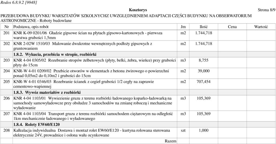 Wykucia, przebicia w stropie, rozbiórki 203 KNR 4-04 0305/02 Rozebranie stropów żelbetowych (płyty, belki, żebra, wieńce) przy grubości płyty do 15cm 204 KNR-W 4-01 0209/02 Przebicie otworów w