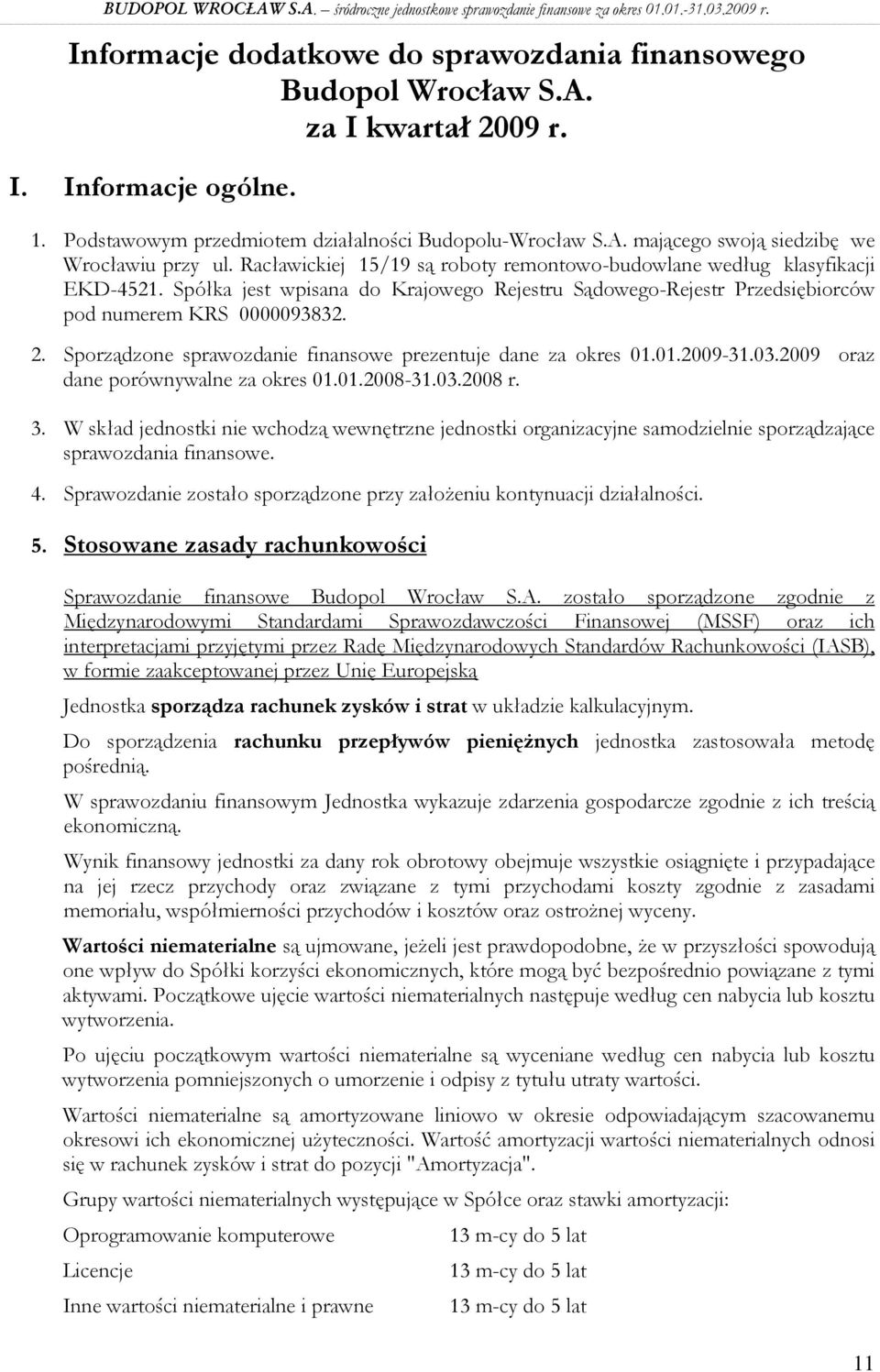 Sporządzone sprawozdanie finansowe prezentuje dane za okres 01.01.2009-31.03.2009 oraz dane porównywalne za okres 01.01.-31.03. r. 3.