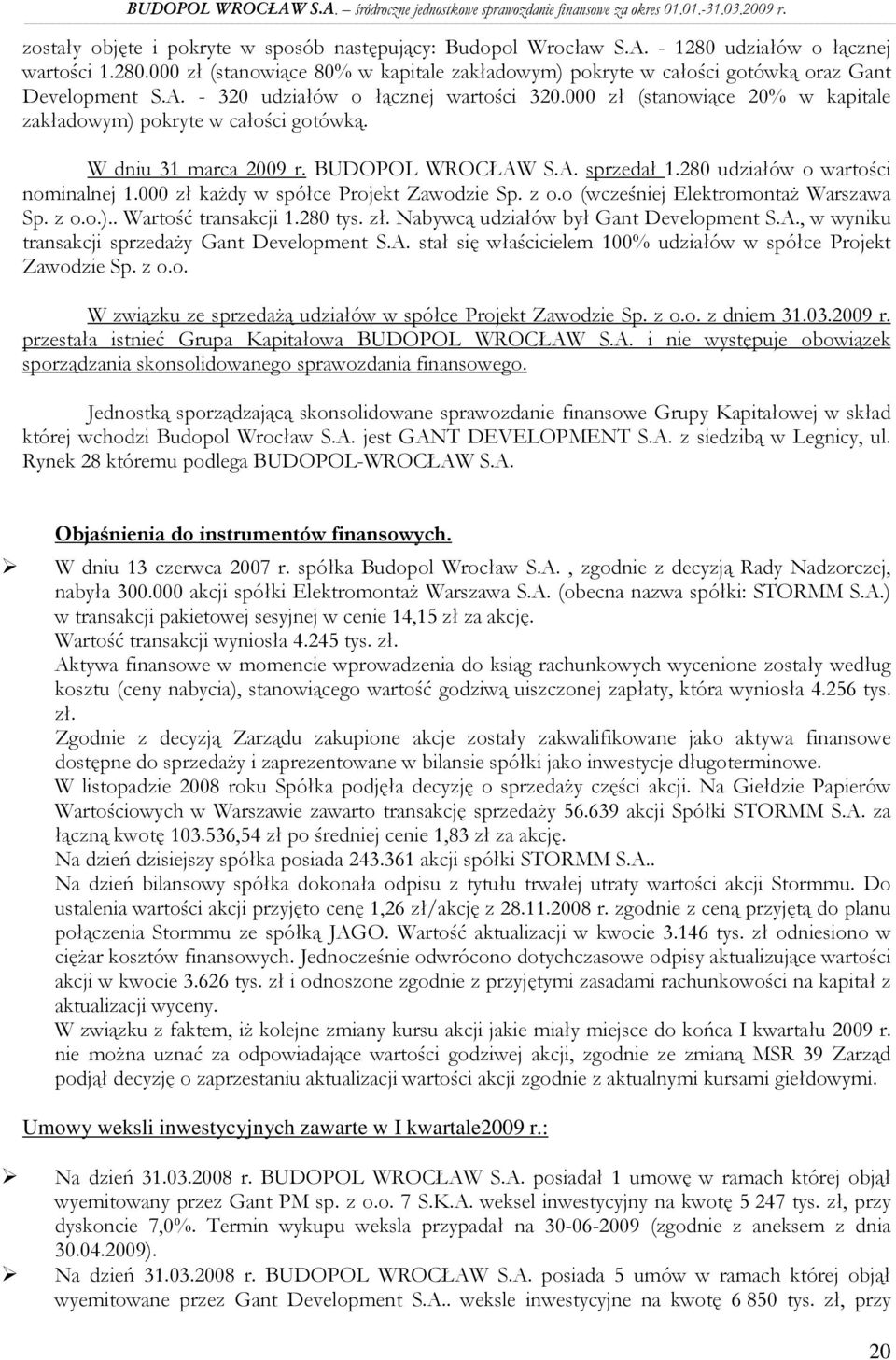 280 udziałów o wartości nominalnej 1.000 zł kaŝdy w spółce Projekt Zawodzie Sp. z o.o (wcześniej ElektromontaŜ Warszawa Sp. z o.o.).. Wartość transakcji 1.280 tys. zł. Nabywcą udziałów był Gant Development S.