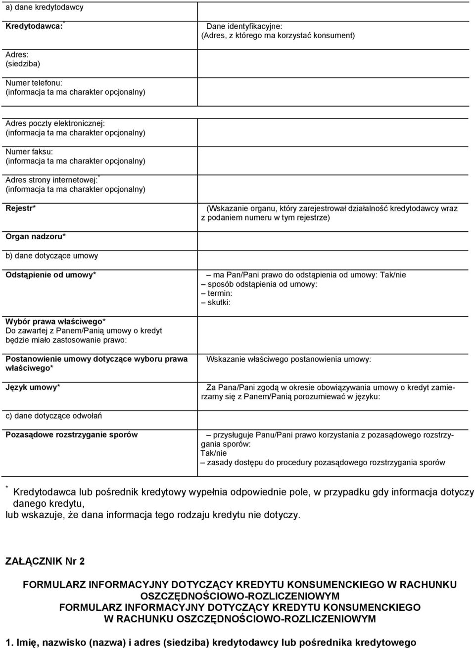 Pan/Pani prawo do odstąpienia od umowy: Tak/nie sposób odstąpienia od umowy: termin: skutki: Wybór prawa właściwego* Do zawartej z Panem/Panią umowy o kredyt będzie miało zastosowanie prawo: