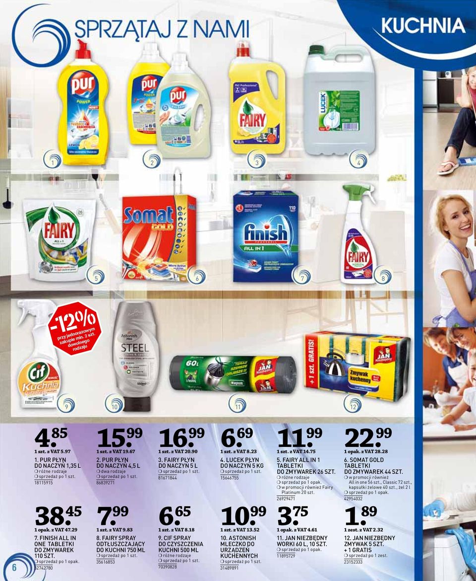 CIF SPRAY DO CZYSZCZENIA KUCHNI 00 ML 09088. 9 1 szt. z VAT 8.. LUCEK PŁYN DO NACZYŃ KG 1 10 1 szt. z VAT 1. 10. ASTONISH MLECZKO DO URZĄDZEŃ KUCHENNYCH 189891 11 1 szt. z VAT 1.. FAIRY ALL IN 1 TABLETKI DO ZMYWAREK SZT.